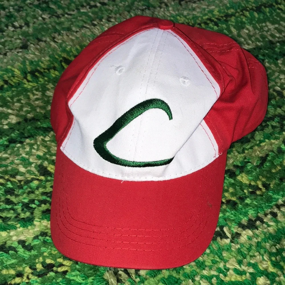 Pokemon Red and White Kids Baseball Cap with Green Emblem
